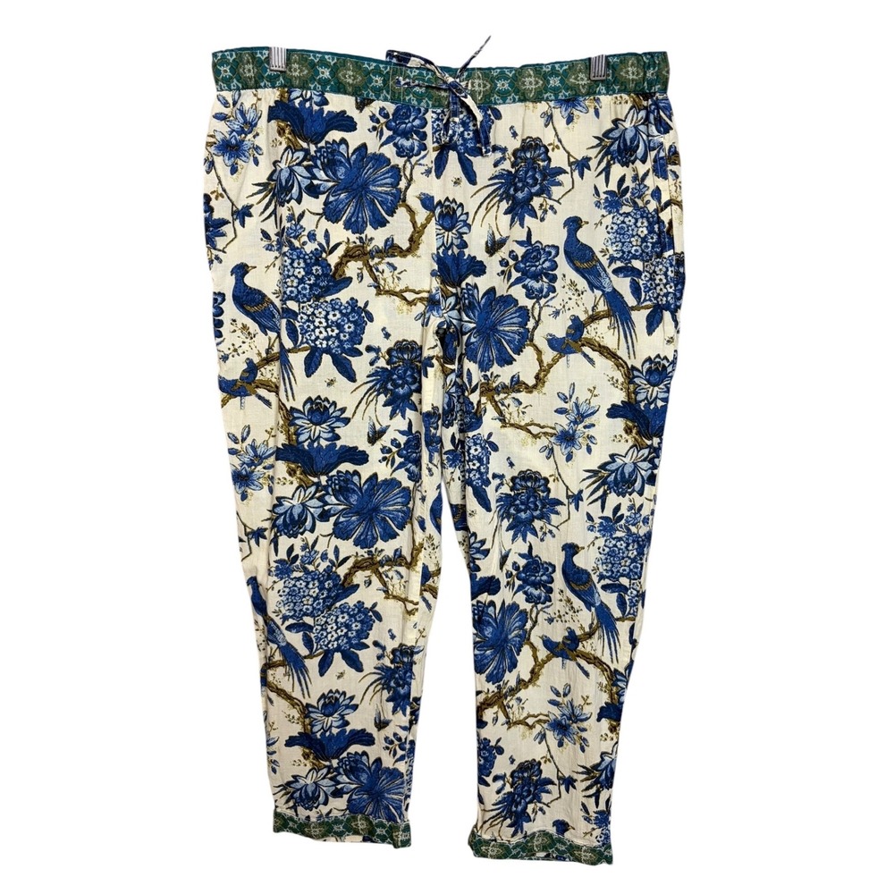 Sundance Leia Pants M Blue Floral Bird Cropped Cotton Boho Resort Capri - Picture 3 of 7
